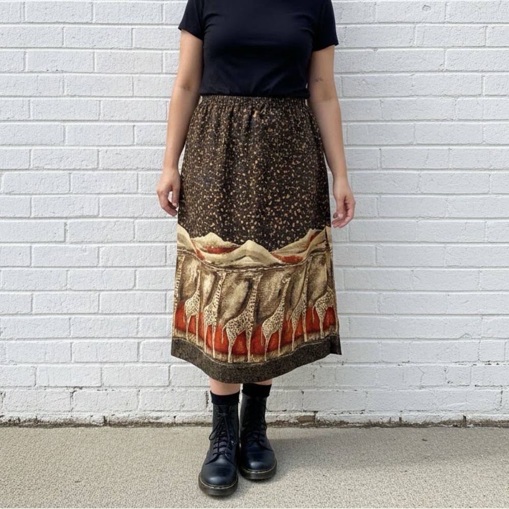 Vintage 1990s Africa Animal Print Giraffe Skirt Pull On Elastic Size 18 1X boho